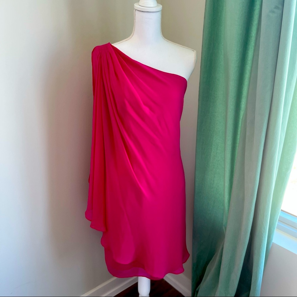 NWT Lauren Ralph Lauren Magenta One-Shoulder Chiffon Cocktail Dress Size 12